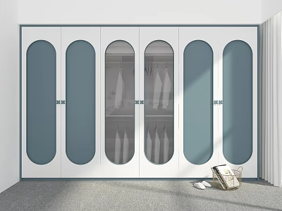 Modern Wardrobe With White Frame And Blue Oval Panel Glass Doors Showing Hanging Clothes 3d model