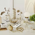 Neutral Toned Decorative Ornament Combination With Vases Candles Plants Books And Glassware