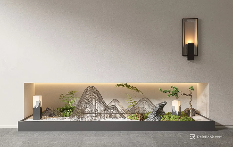 Stylish Indoor Landscape On White Wall With Wire Mountain Sculptures Green Plants And Wall Lamp 3d model 