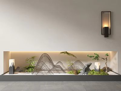 Stylish Indoor Landscape On White Wall With Wire Mountain Sculptures Green Plants And Wall Lamp 3d model