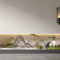 Stylish Indoor Landscape On White Wall With Wire Mountain Sculptures Green Plants And Wall Lamp