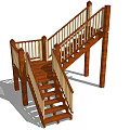 Classic Wooden Staircase With Railing Steps Landing And Support Posts Design 3d model
