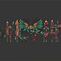Vibrant Fantasy Weapons Spears Axes Swords With Green Wings And Ornate Red Gold Accents