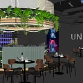 Modern Restaurant With Purple Lighting Circular Structure Green Plants Bar Counter And Wine Rack
