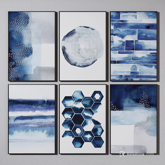 Modern Blue Abstract Wall Art Featuring Geometric Patterns And Watercolor Textures 3d model