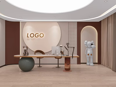 Public Office Space Featuring Curved Wall Logo Office Desk Chair Sculpture And Wooden Floor 3d model