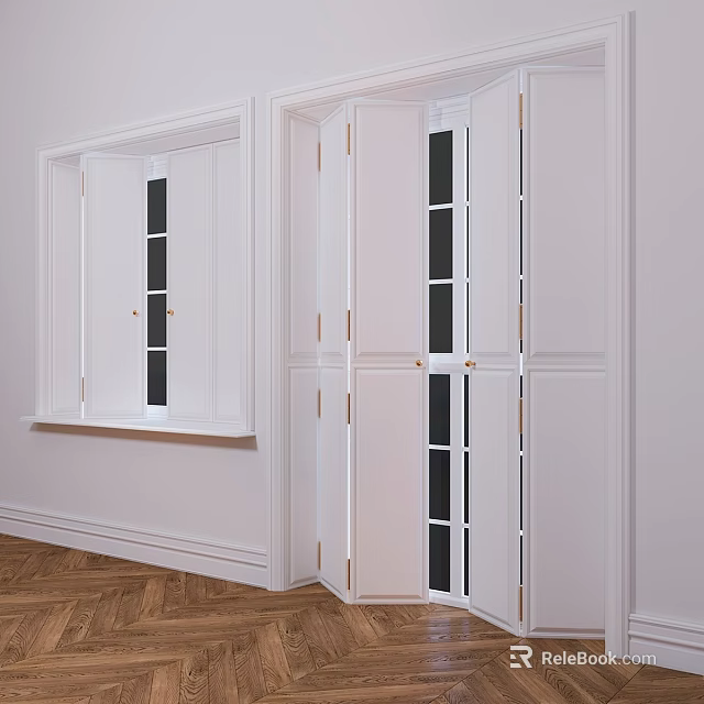 White Casement Windows With Glass Panes In Classic Interior Wooden Flooring 3d model 