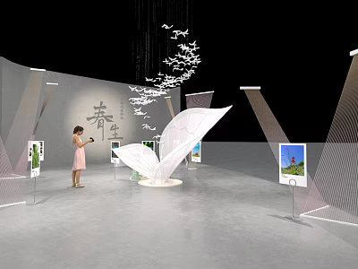 Spring Themed Art Installation With Hanging White Birds And Petal Like Structure In Exhibition Space 3d model