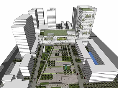 Modern Urban Office Complex With Green Roof Central Plaza And Lush Green Spaces 3d model