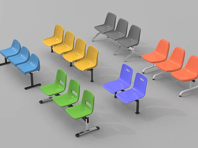 Multicolored Outdoor Chairs with Plastic Seats and Metal Frames in Row 3d model