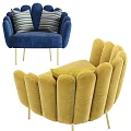 Brown Velvet Single Sofa with Petal Shaped Backrest Golden Metal Legs Herringbone Pillow and Blanket