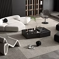 Modern Sectional Sofa Coffee Table Set With White Fabric And Black Wood Design
