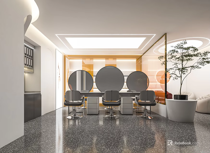 Modern Open Beauty Salon With Three Round Mirrors Black Chairs Marble Countertops And Green Plant 3d model 