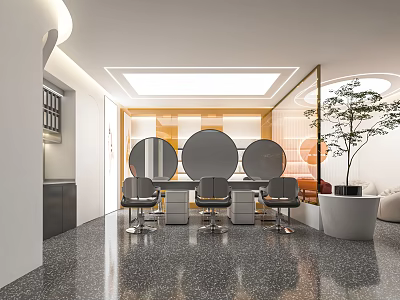Modern Open Beauty Salon With Three Round Mirrors Black Chairs Marble Countertops And Green Plant 3d model