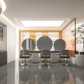 Modern Open Beauty Salon With Three Round Mirrors Black Chairs Marble Countertops And Green Plant