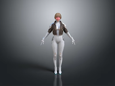 3D Rendered Game Movie Character With Short Hair White Bodysuit And Brown Jacket 3d model
