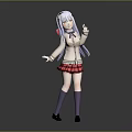 Child with white and purple hair wearing white top red plaid skirt making peace sign