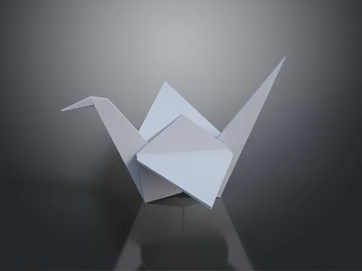 Simple White Paper Origami Crane Display On Dark Background With Reflection 3d model