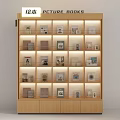 Picture Books Display on Wooden Shelf with Warm Lighting and Layered Design for Kids Reading