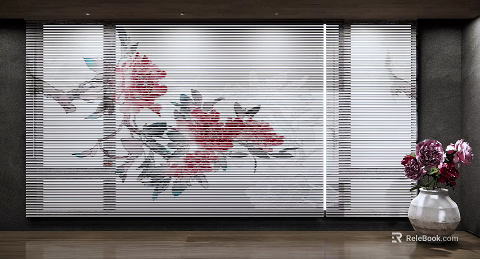 Elegant Red Green Floral Pattern Blinds For Modern Living Room Interior 3d model 
