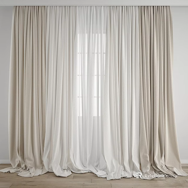 Modern Beige Curtains With White Sheer Layer And Natural Light Through Window 3d model