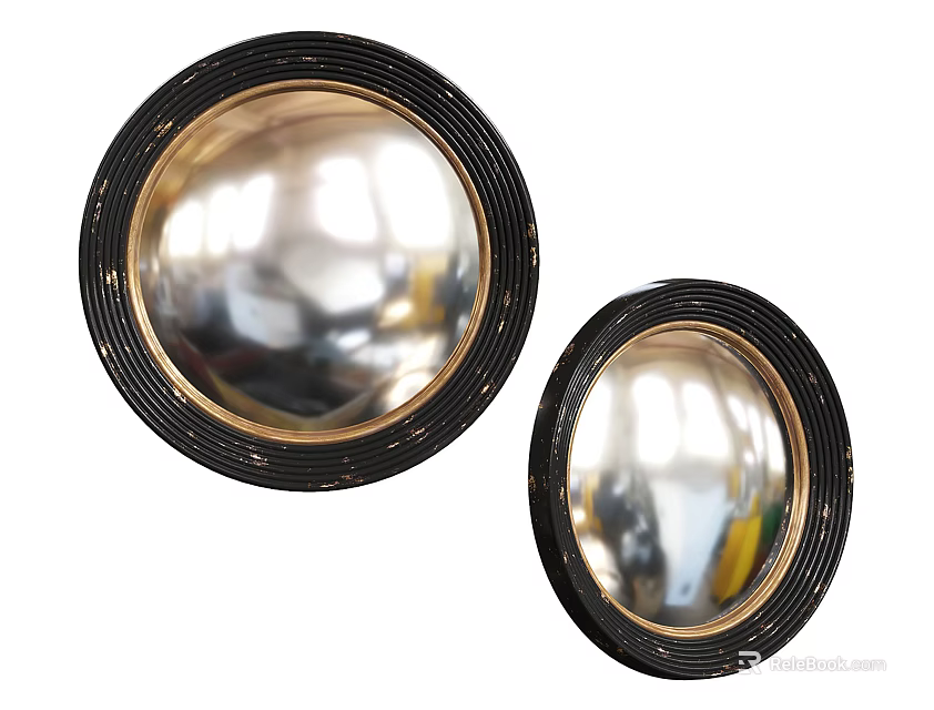 Stylish Round Metal Wall Decor with Black Frame and Reflective Mirror Surface Set 3d model 