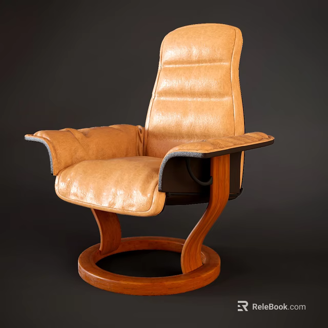 Modern Brown Leather Single Chair With Wooden Swivel Base And Curved Armrests 3d model 
