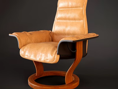 Modern Brown Leather Single Chair With Wooden Swivel Base And Curved Armrests 3d model