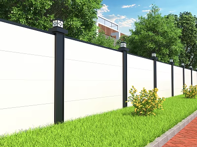 Modern White Fence With Black Posts Top Lights And Green Grass Trees 3d model