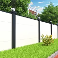 Modern White Fence With Black Posts Top Lights And Green Grass Trees
