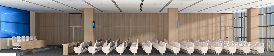 Modern Conference Room Interior With Wooden Wall Ceiling Panels And Neatly Arranged White Seats 3d model 