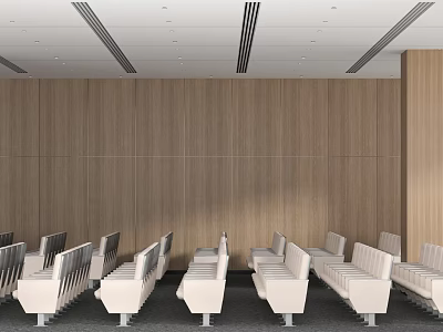 Modern Conference Room Interior With Wooden Wall Ceiling Panels And Neatly Arranged White Seats 3d model