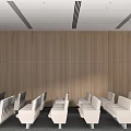 Modern Conference Room Interior With Wooden Wall Ceiling Panels And Neatly Arranged White Seats