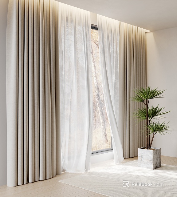Beige Curtains With White Sheer Panels For Bright Indoor Window Space 3d model 