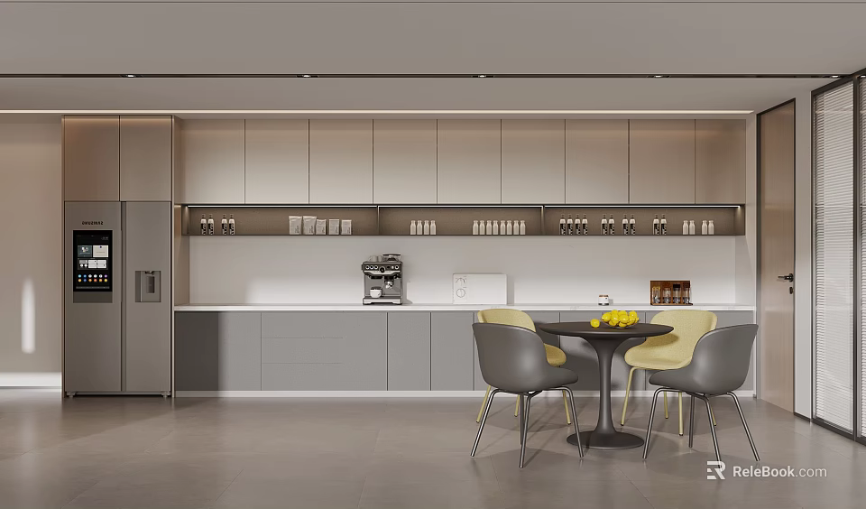 Modern Tea Room Interior Design With Cabinets Coffee Machine And Dining Table 3d model