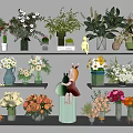 Colorful Flower Arrangements in Diverse Vases on Shelves with Decorative Plants and Ornaments