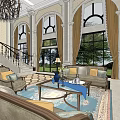 Elegant Luxury Hotel Lobby With Sofa Fireplace Armchair And Ornate Carpet