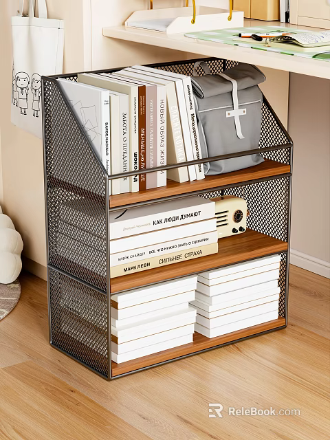 Metal Bookshelf With Layered Wooden Shelves Holding Books And Decorative Radio 3d model 