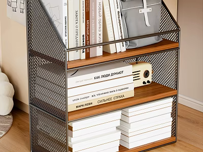 Metal Bookshelf With Layered Wooden Shelves Holding Books And Decorative Radio 3d model