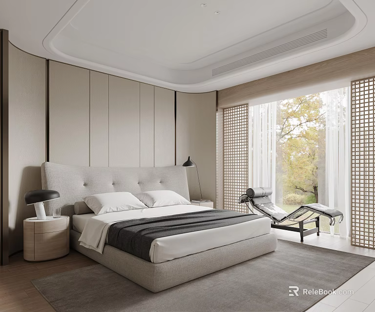 Modern Bedroom Interior With Upholstered Headboard Bed Nightstand Window Curtains And Armchair 3d model 