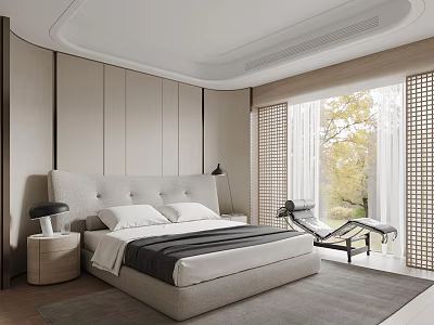 Modern Bedroom Interior With Upholstered Headboard Bed Nightstand Window Curtains And Armchair 3d model
