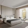 Modern Bedroom Interior With Upholstered Headboard Bed Nightstand Window Curtains And Armchair