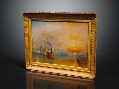 Vintage Oil Painting With Golden Frame Sunset Seascape And Ship Reflections 3d model