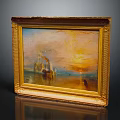 Vintage Oil Painting With Golden Frame Sunset Seascape And Ship Reflections