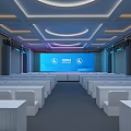 Spacious Banquet Hall With Blue Screen IDDM Logo White Seats Stage And Lighting Design