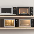 Modern Kitchen Appliances Microwave Ovens On Two Shelves With Digital Displays And Food