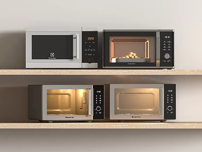 Modern Kitchen Appliances Microwave Ovens On Two Shelves With Digital Displays And Food 3d model