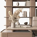 Wooden Desk and Chair Set in Home Office with Bookshelf Books Table Lamp and Vase