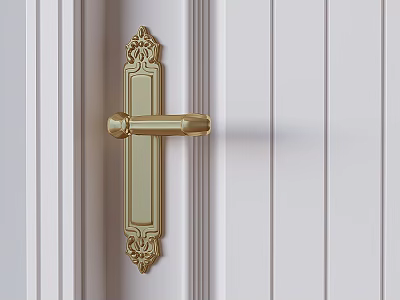 Elegant Golden Decorative Door Handle On White Wooden Door With Classical Design Details 3d model