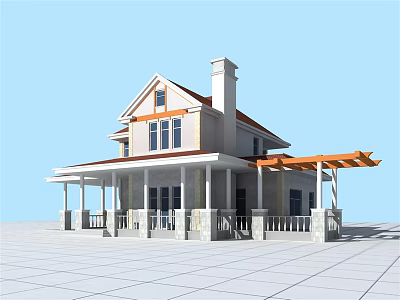 Traditional Detached Villa With Red Roof White Walls Front Porch And Orange Pergola 3d model